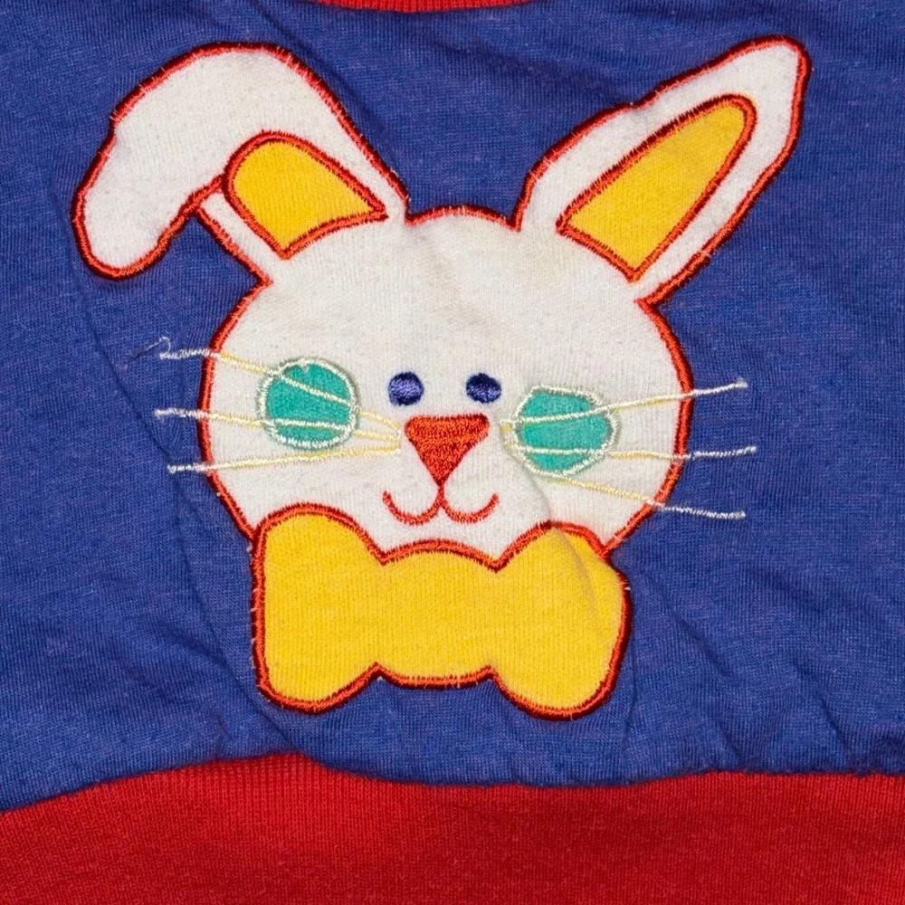 Vintage Reversible Baby Sweatshirt Blue White Bunny Applique Print Red Trim
